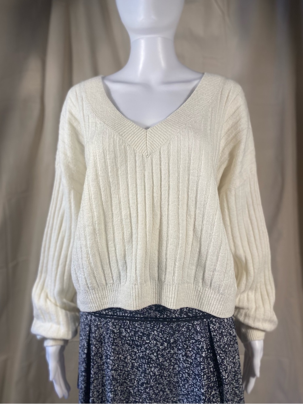 Open Edit Ivory Ribbed V Neck Sweater